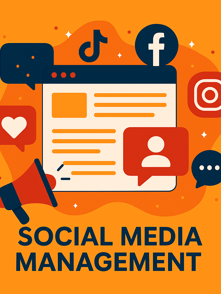 Graphic promoting social media management with icons of popular platforms and a megaphone.