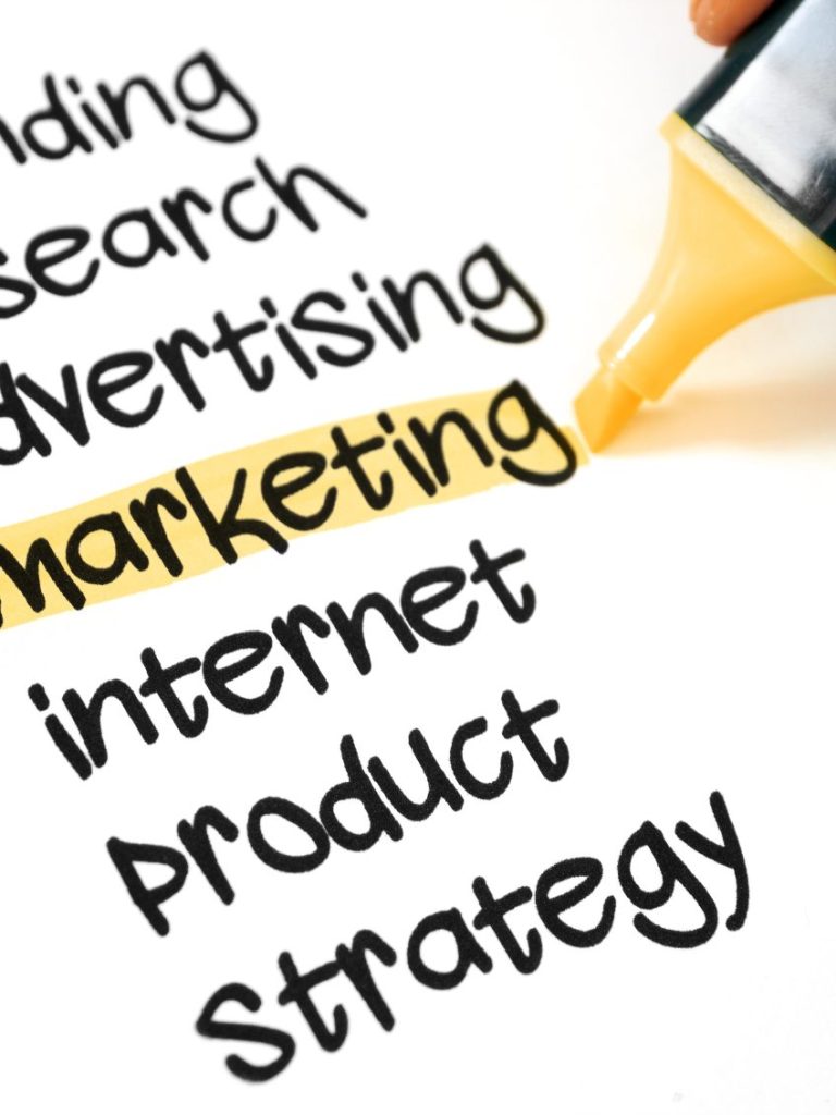 Highlighted word "marketing" among related terms like "advertising" and "strategy."
